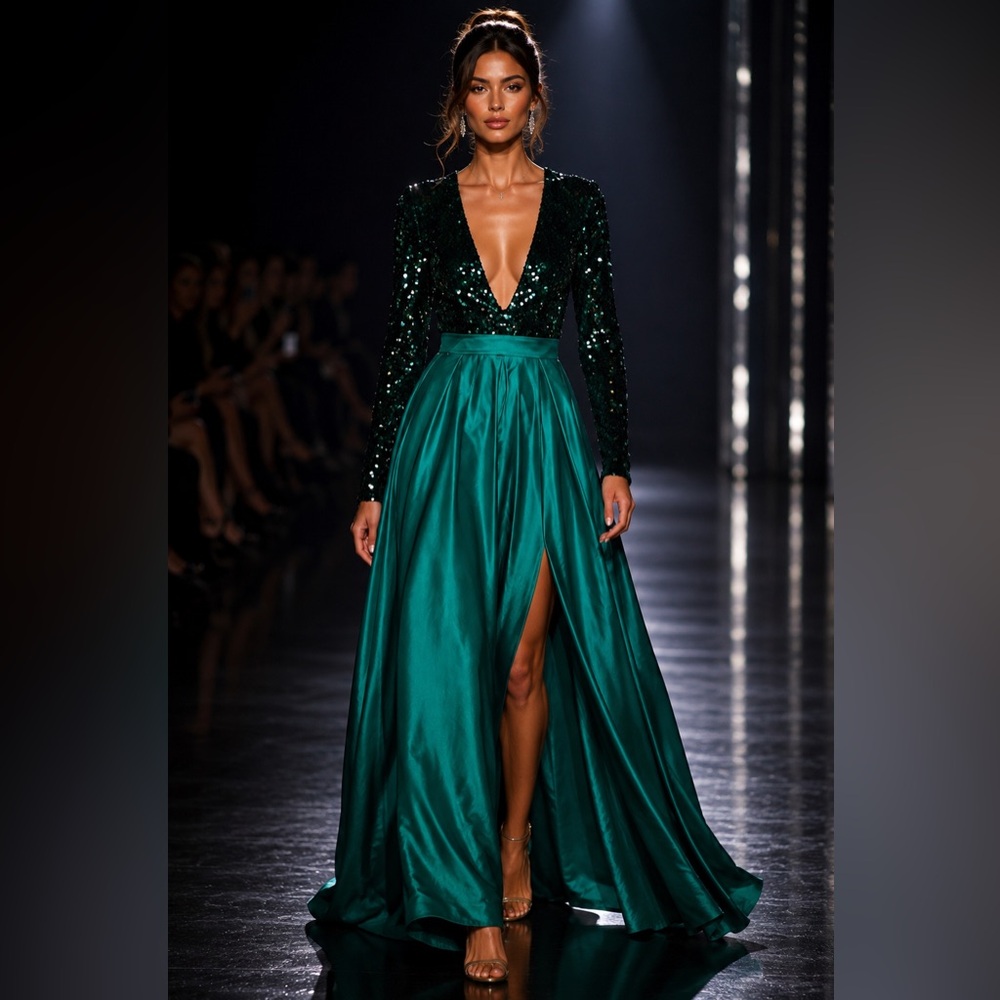 Blides Emerald Green Sequin Satin Slit Formal Gown Size 2